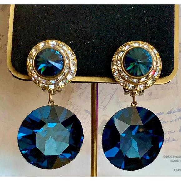 vintage Jewelry - Vintage Massive Sapphire Blue Crystal Drop Earrings Clear Rhinestone Clip-Ons